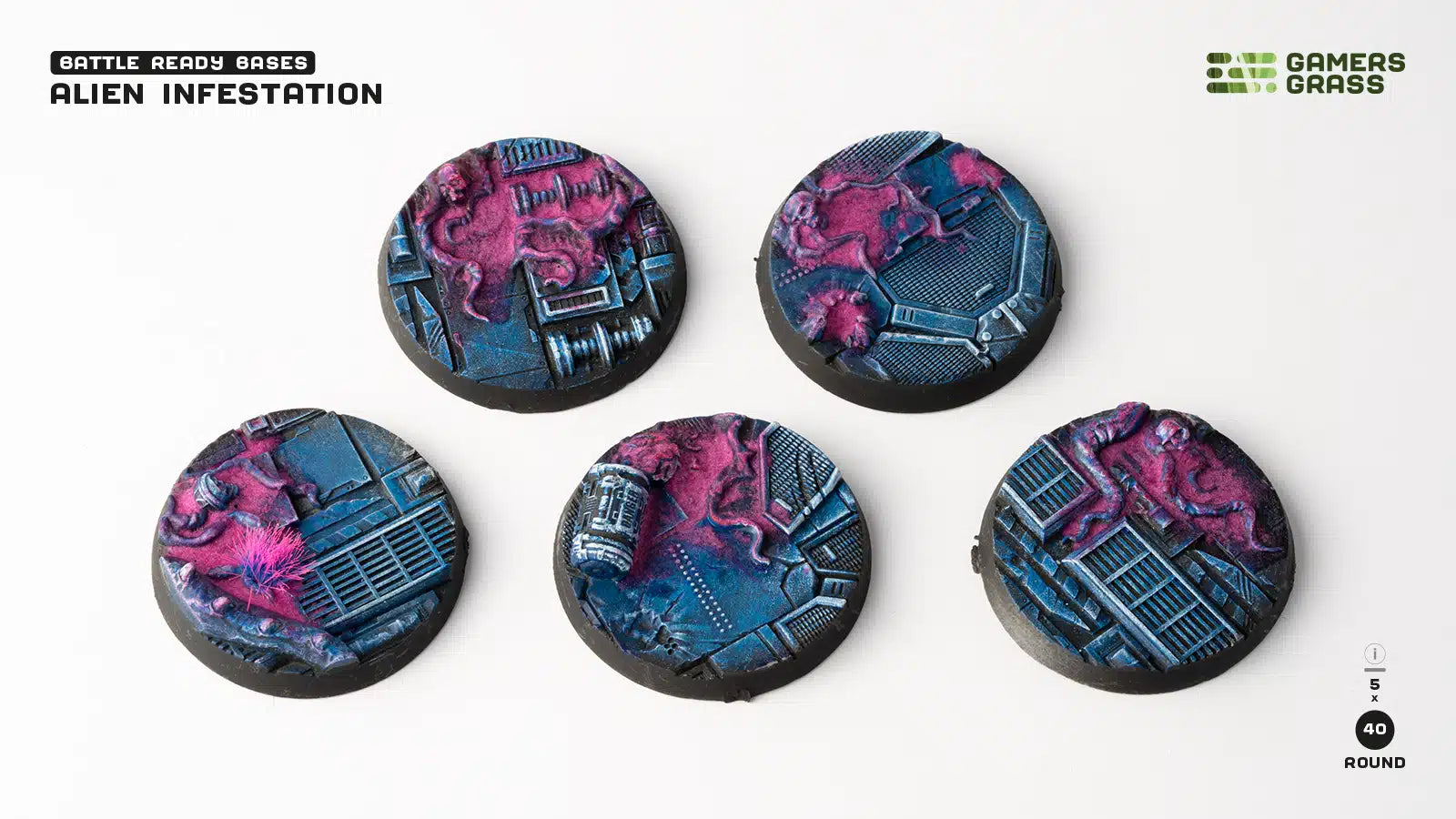 Gamers Grass Battle Ready Bases - Alien Infestation Round 40mm (x5) - Loaded Dice