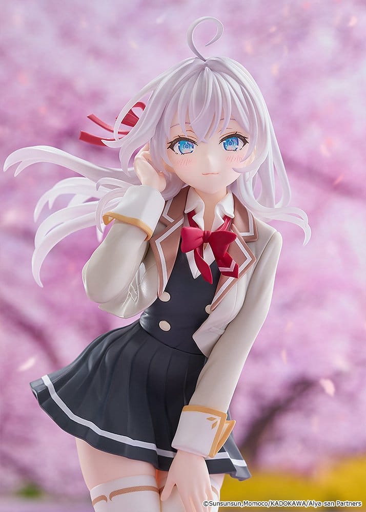 Close-up of the Alya Pop Up Parade figure's face, silver hair and red bow against cherry blossom backdrop