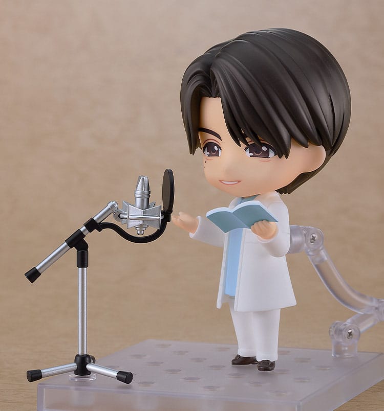 Nobunaga Shimazaki Nendoroid reading his script at the stand-mounted microphone