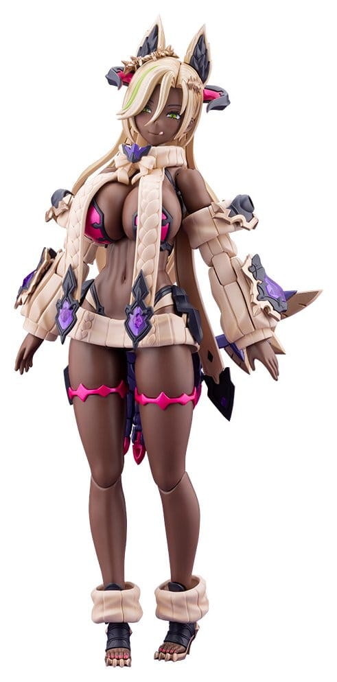 Kotobukiya Arcanadea Banil model kit in cream knit outfit with horns, front view on white