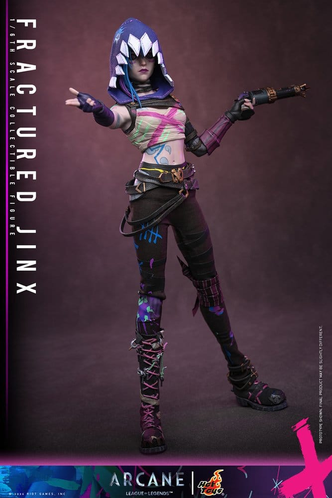 Hot Toys Fractured Jinx sixth scale figure in hooded head sculpt, full-length pose with Arcane branding
