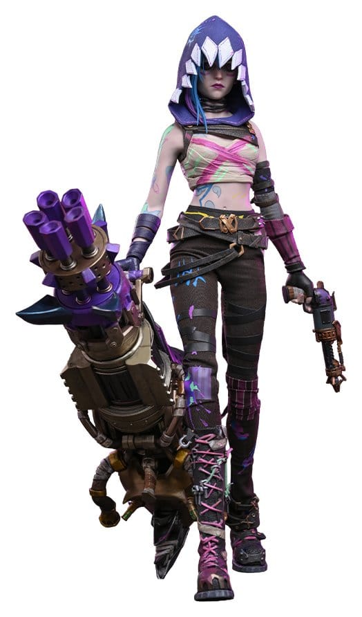 Hot Toys Arcane Fractured Jinx 1/6 figure in hood holding purple Rhino Gun, front view on white
