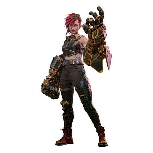 Hot Toys 1/6 Vi figure from Arcane with Hextech Gauntlets and red undercut, full-length front view