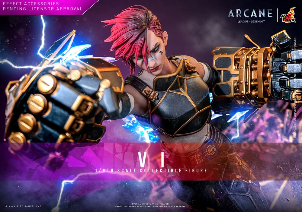 Hot Toys Arcane Vi figure banner punching with Hextech Gauntlets and blue lightning effects
