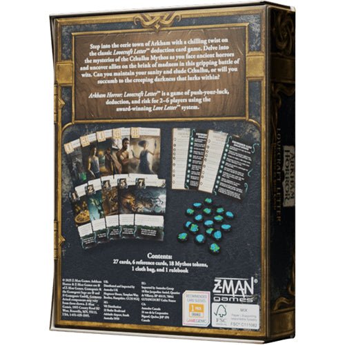 Back of the Arkham Horror: Lovecraft Letter box showing cards, tokens and contents