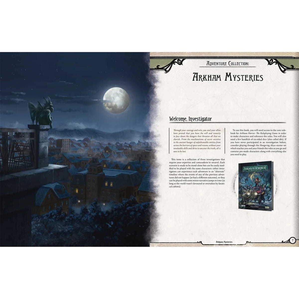 Arkham Mysteries book pages with moonlit Arkham rooftops and Welcome, Investigator intro