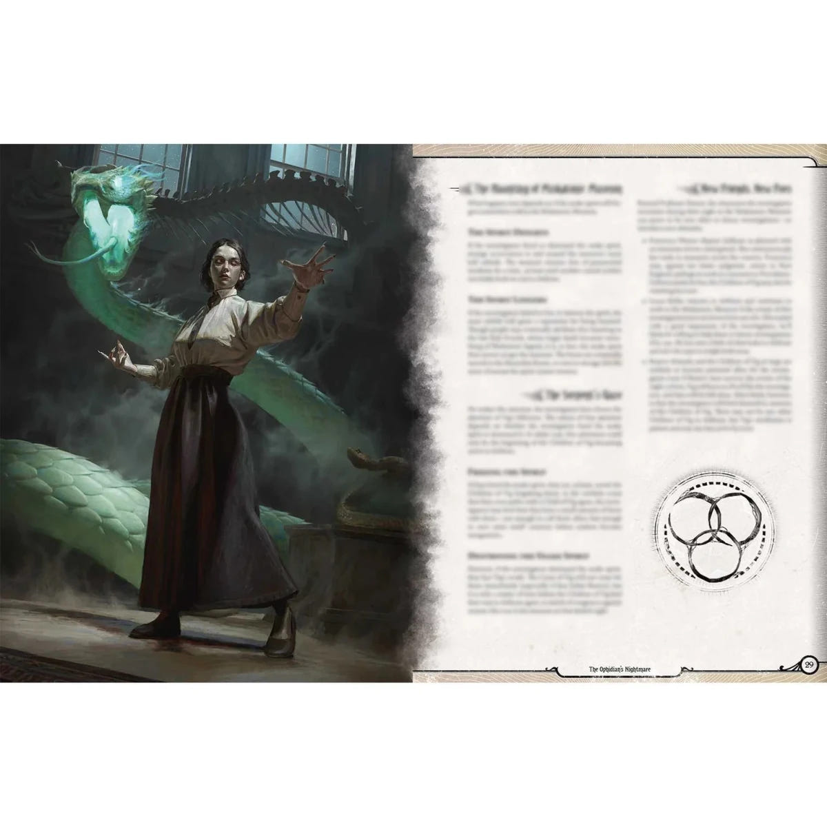 Arkham Mysteries interior pages with artwork of a woman facing a serpent creature