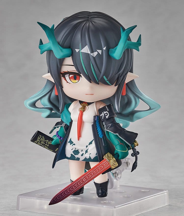Nendoroid Dusk front view on clear stand with composed face, sword lowered