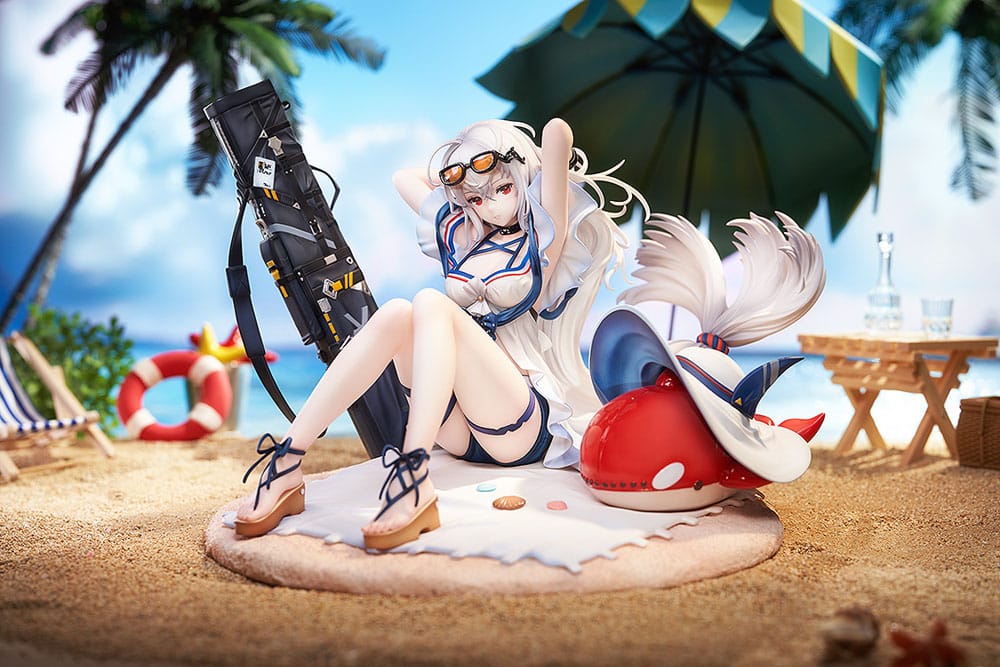 Arknights Skadi swimsuit statue on sandy base with red orca float, shown in a beach diorama scene