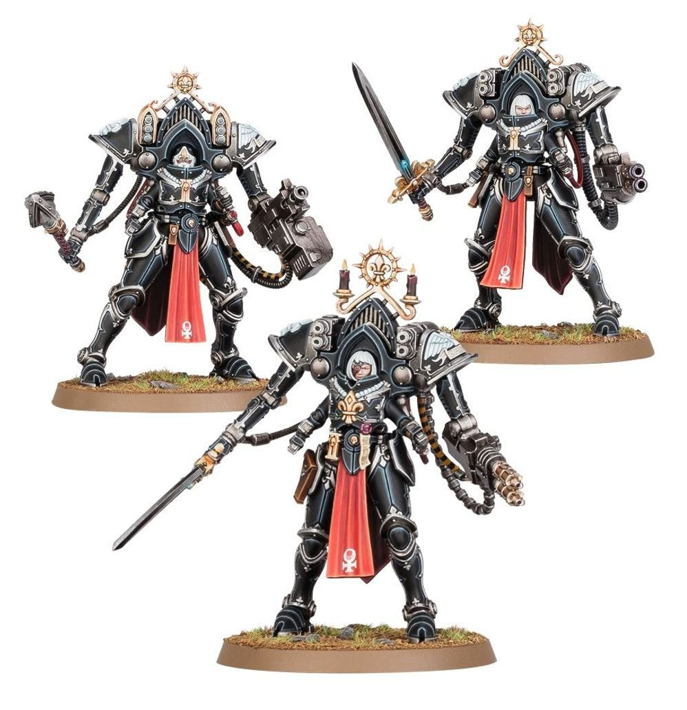 Three painted Paragon Warsuits in black armour with red tabards and melee weapons