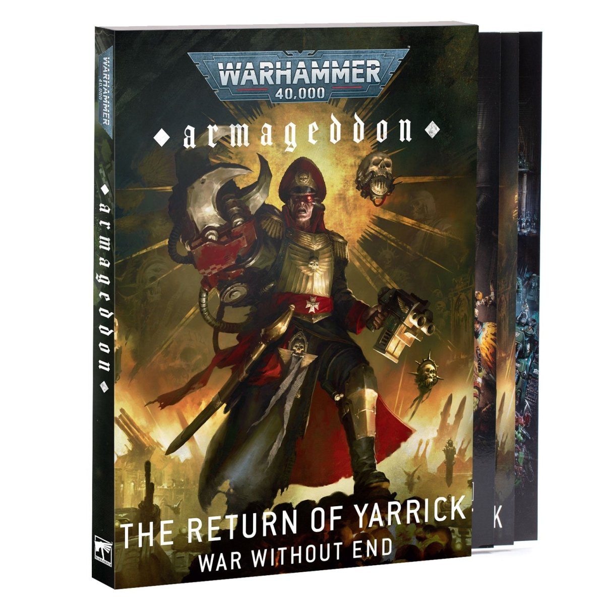 Warhammer 40,000 Armageddon game box with warrior illustration on a white background