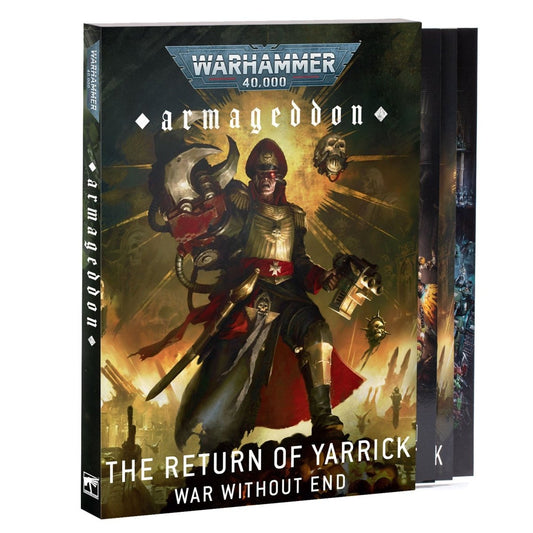 Warhammer 40,000 Armageddon game box with warrior illustration on a white background