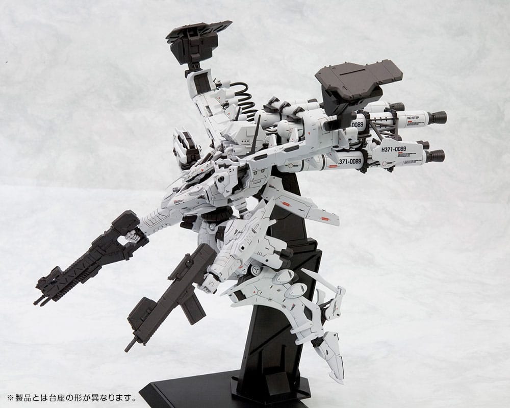 Assembled Armored Core White-Glint 1/72 kit with Vanguard Overed Boost on its display stand