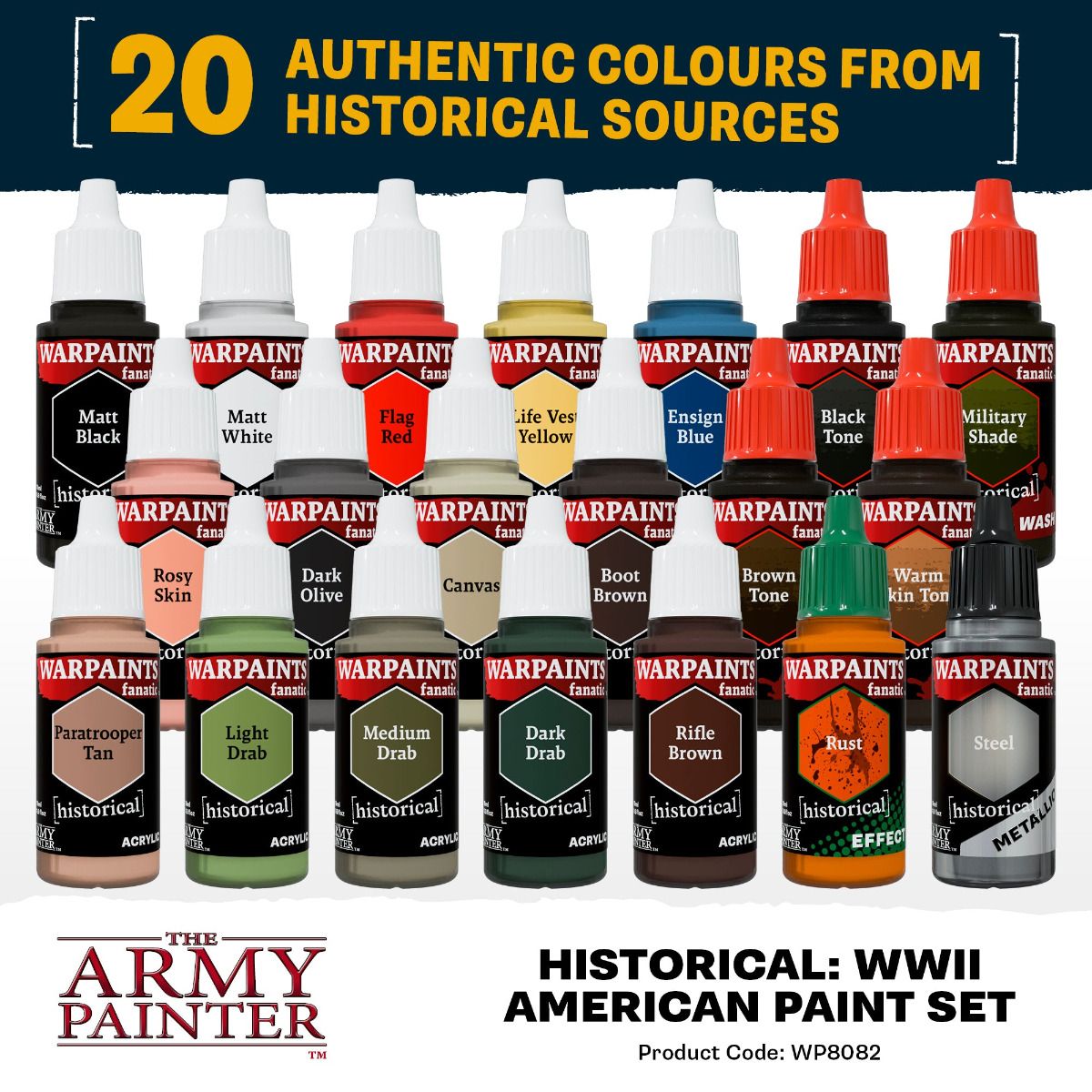 Army Painter WWII American Paint Set: 20 Warpaints Fanatic dropper bottles lined up