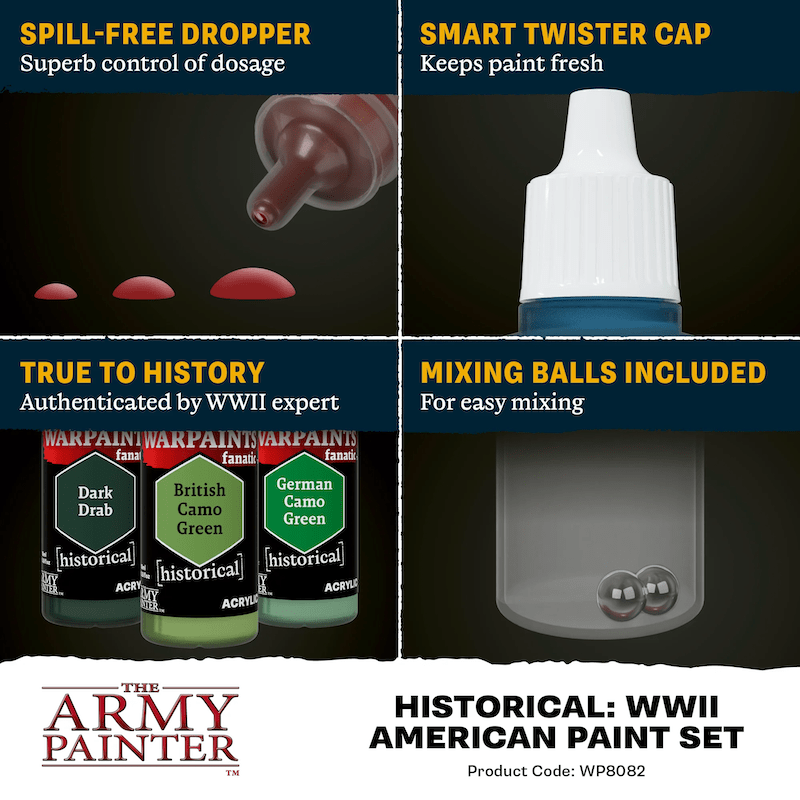 Army Painter Historical paint features: dropper bottle, twister cap and mixing balls
