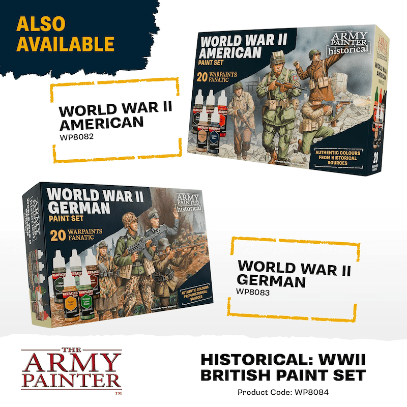 Army Painter World War II American and German paint sets shown alongside the WWII British set