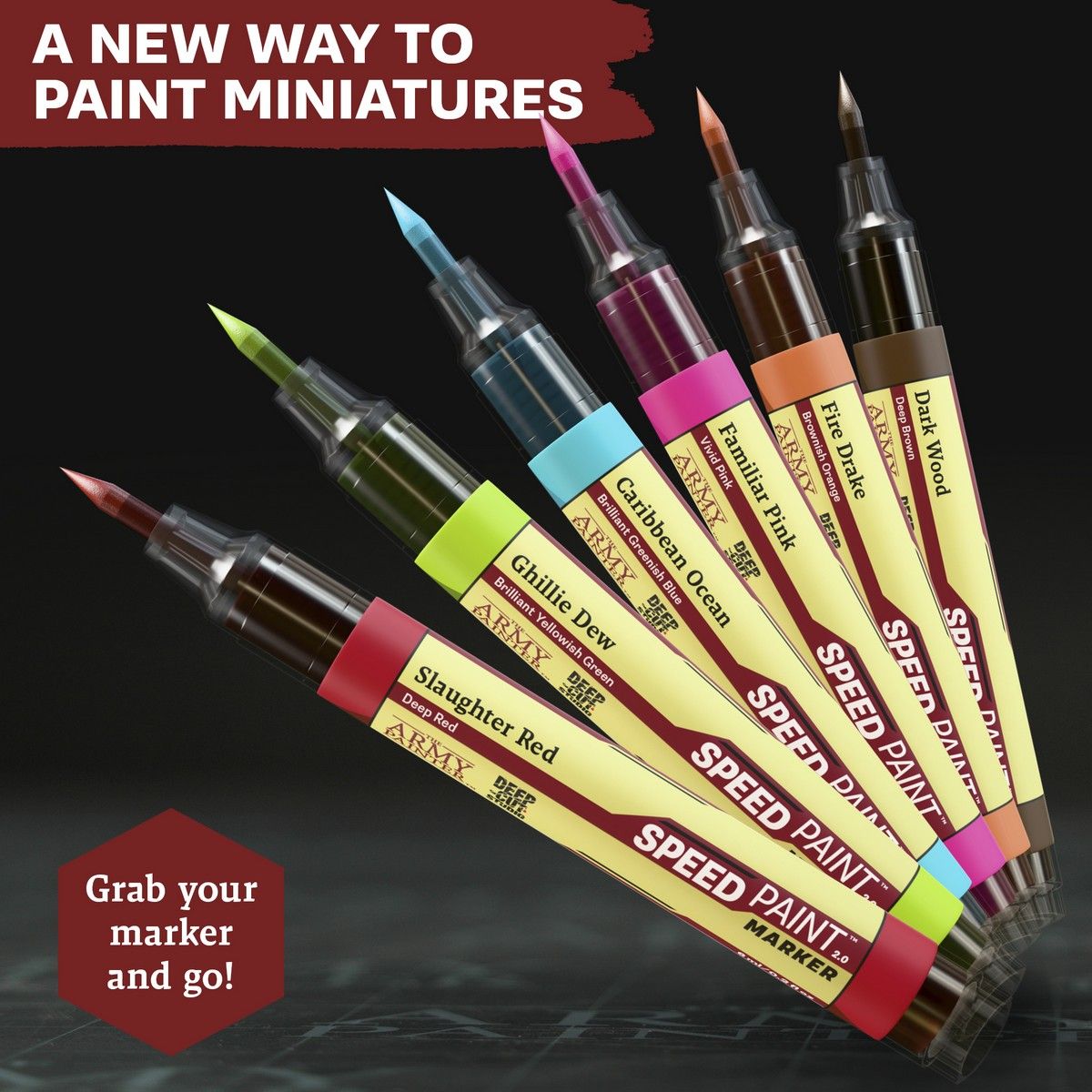 Army Painter Speedpaint Markers fanned out showing their brush tips in Slaughter Red, Ghillie Dew, Caribbean Ocean, Familiar Pink, Fire Drake and Dark Wood