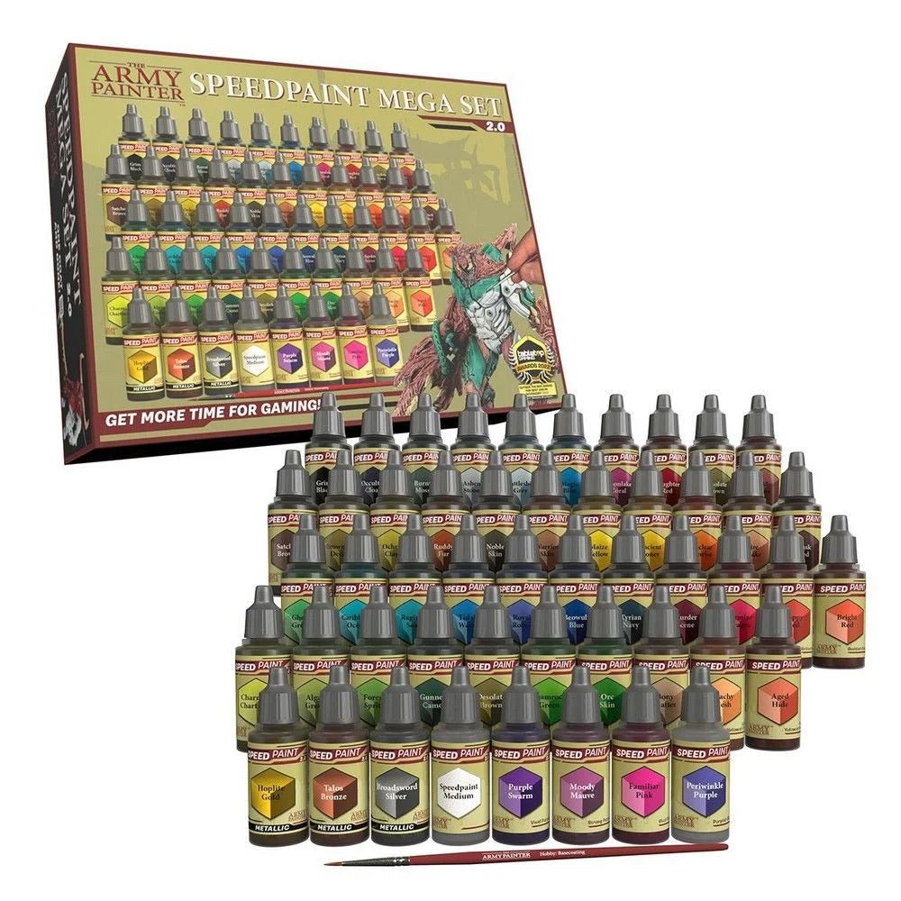 Army Painter Speedpaint Mega Set 2.0 box with dropper bottles arranged in tiers in front
