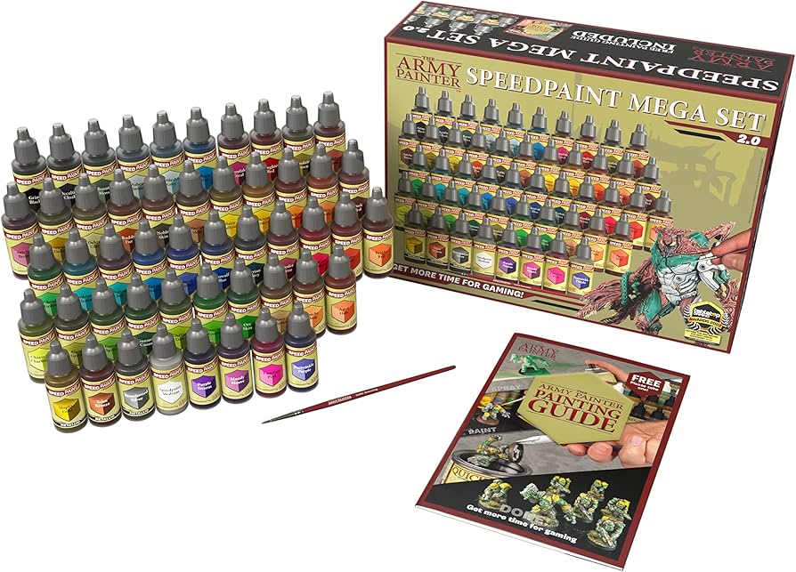 Army Painter Speedpaint Mega Set box with its rows of dropper bottles, brush and painting guide