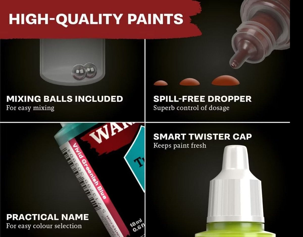 Army Painter Warpaints Fanatic features: mixing balls, spill-free dropper and twister cap, Leather Brown range