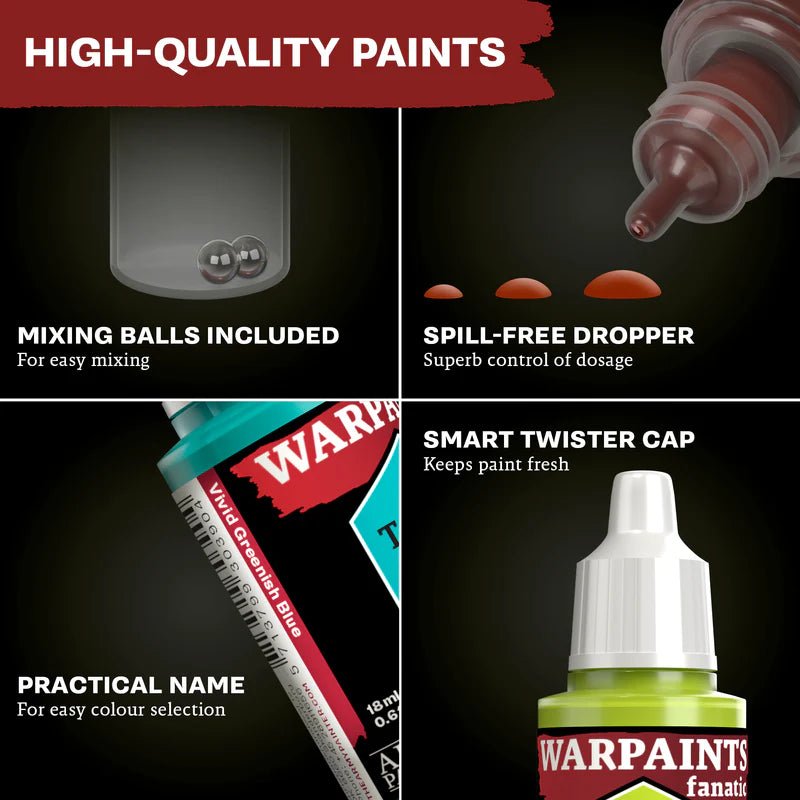 Army Painter Warpaints Fanatic features: mixing balls, spill-free dropper, name label and twister cap