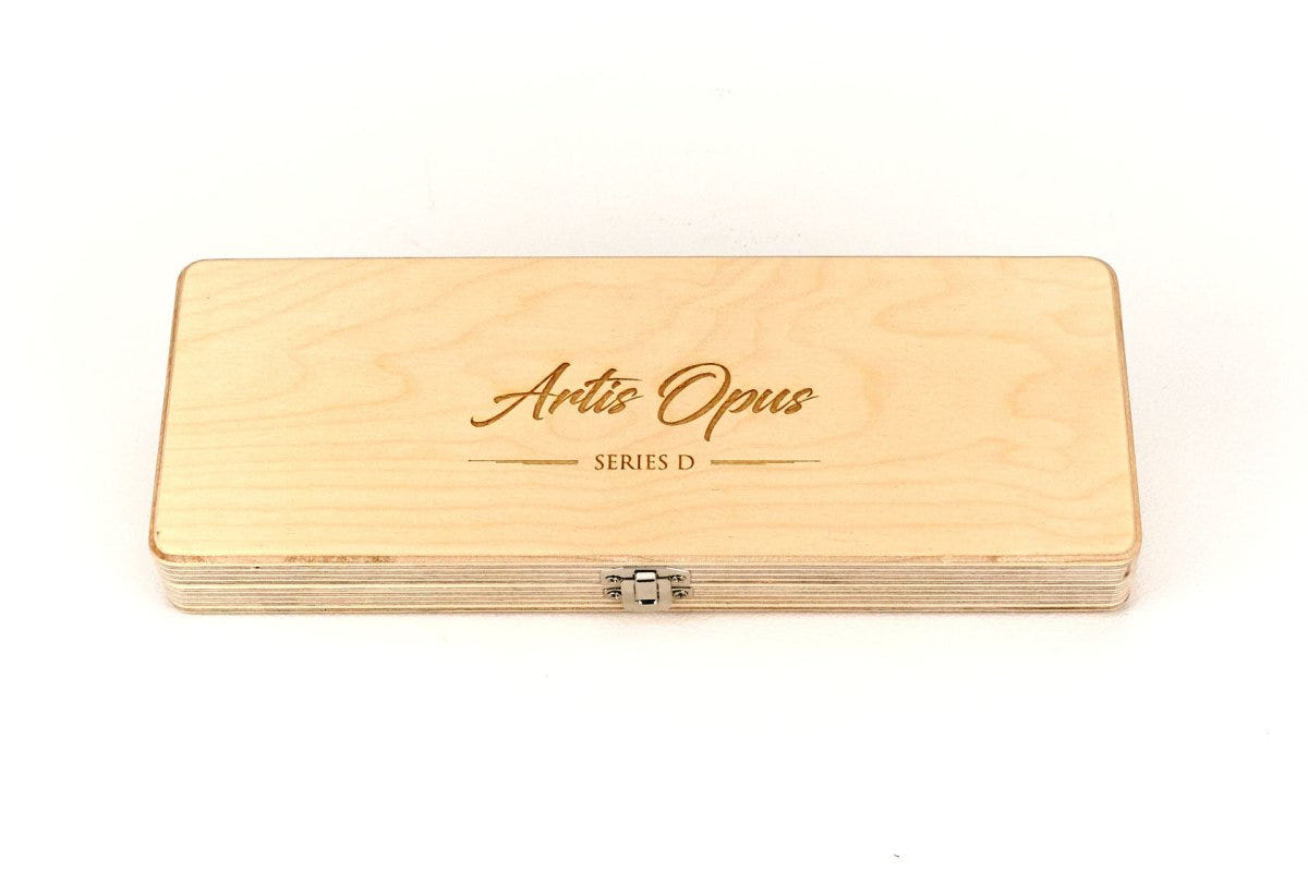 Artis Opus Series D DryBrush Set wooden case closed, with engraved Artis Opus logo on the lid