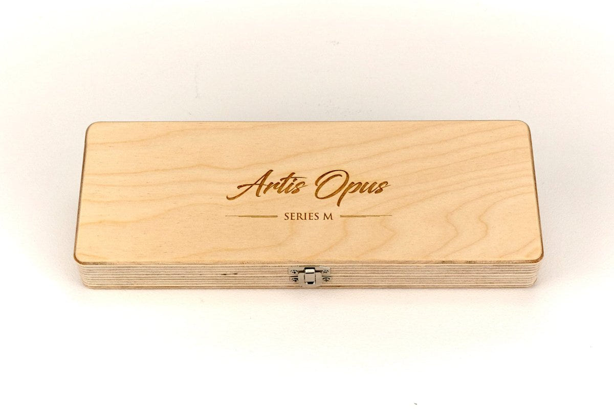 Artis Opus Series M brush set in its closed wooden case with engraved lid