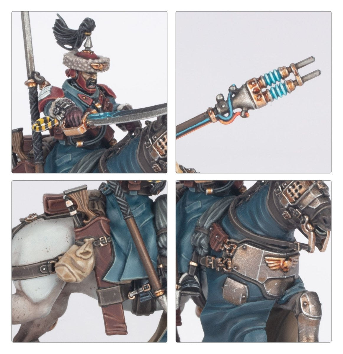 Close-ups of Attilan Rough Riders: bird on shoulder, hunting lance tip and saddle kit