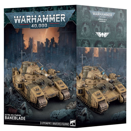 Warhammer 40,000 Astra Militarum Baneblade 20mm miniature figures box set by LCG, featuring desert-colored tanks on a dark, ruined cityscape background.