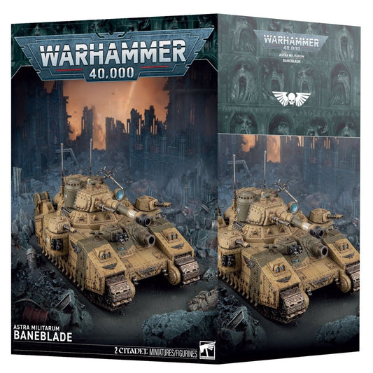 Warhammer 40,000 Astra Militarum Baneblade 20mm miniature figures box set by LCG, featuring desert-colored tanks on a dark, ruined cityscape background.