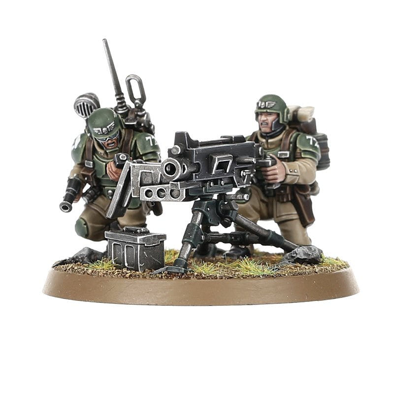 Painted Cadian Heavy Weapons Team crewing a heavy bolter with ammo crate, close view