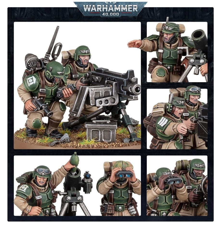 Close-up panels of painted Cadian gun crews with heavy bolter, mortar and spotter binoculars