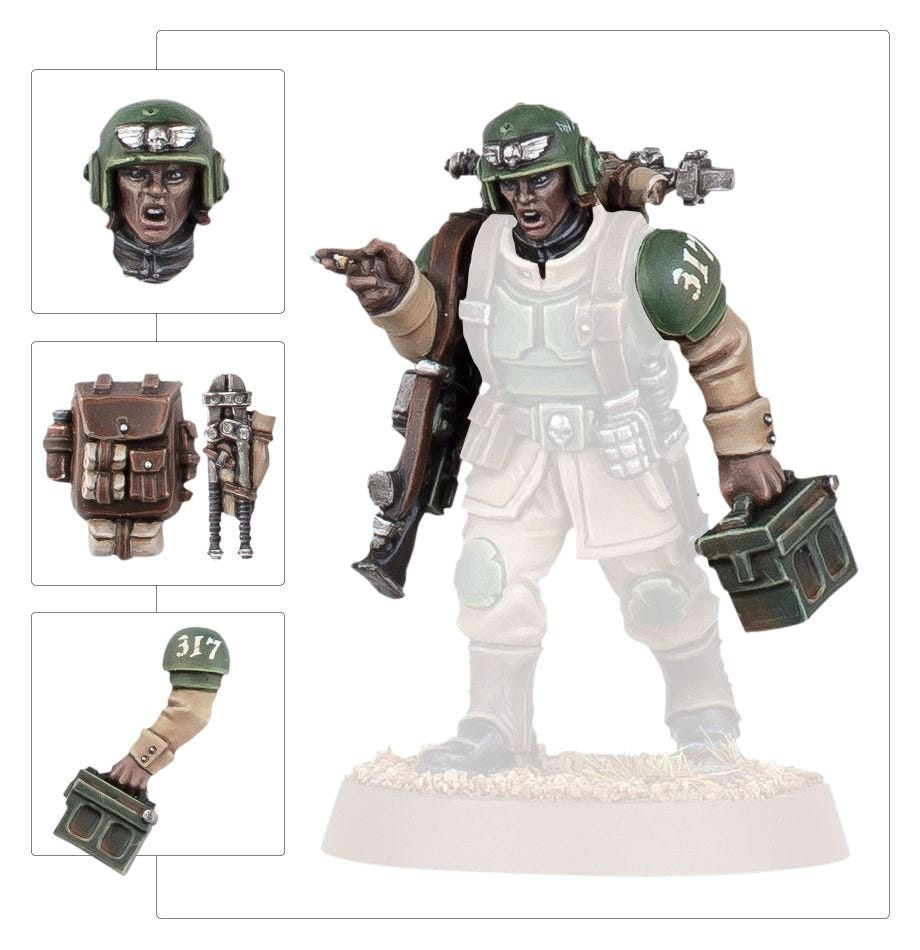 Cadian Upgrades example: Cadian trooper with upgrade head, backpack and ammo-box arm highlighted