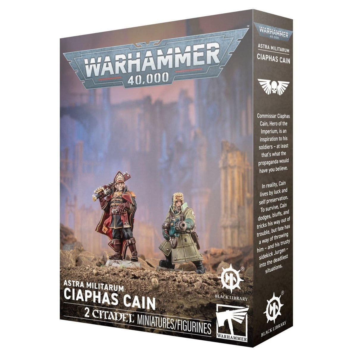 Warhammer 40,000 Astra Militarum Ciaphas Cain miniatures packaging with two figures on a desert landscape.