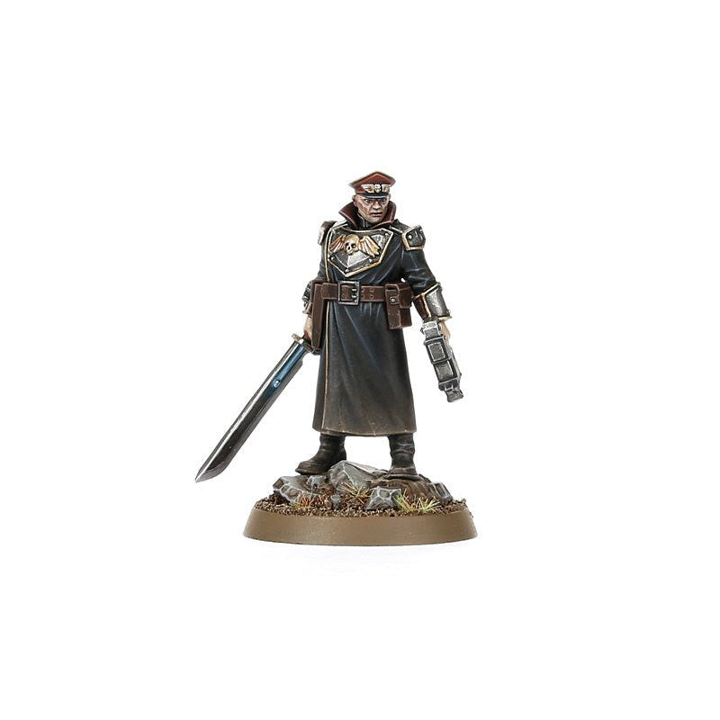 Painted Astra Militarum Commissar with power sword option, front view