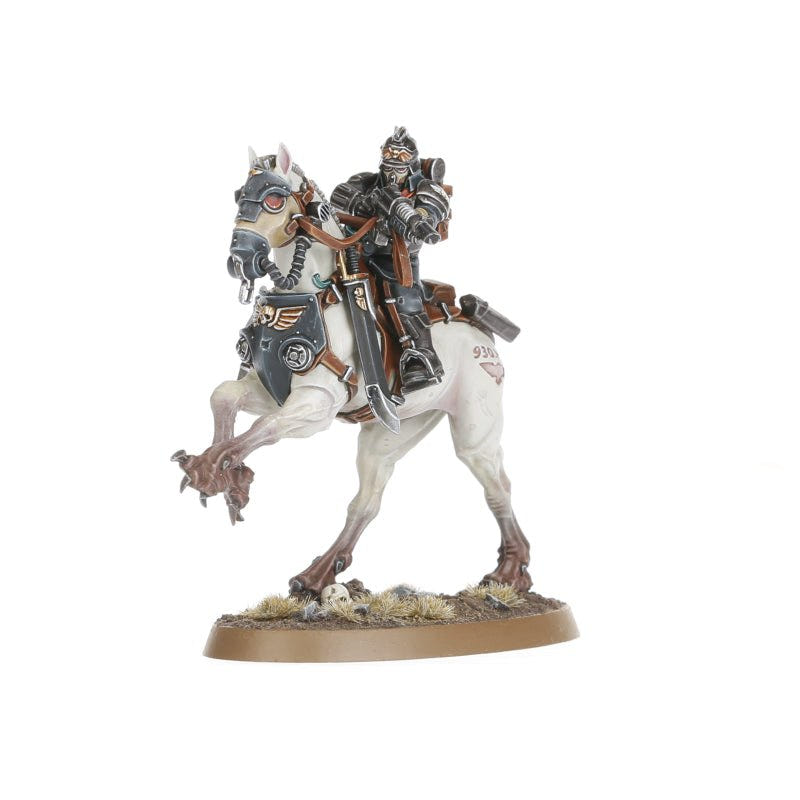 Front view of a Death Rider and gas-masked mount on a muddy battlefield base