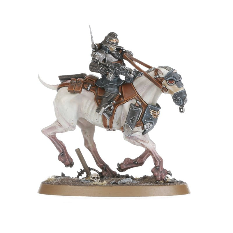 Death Rider on a rearing pale mount with lance raised, three-quarter view