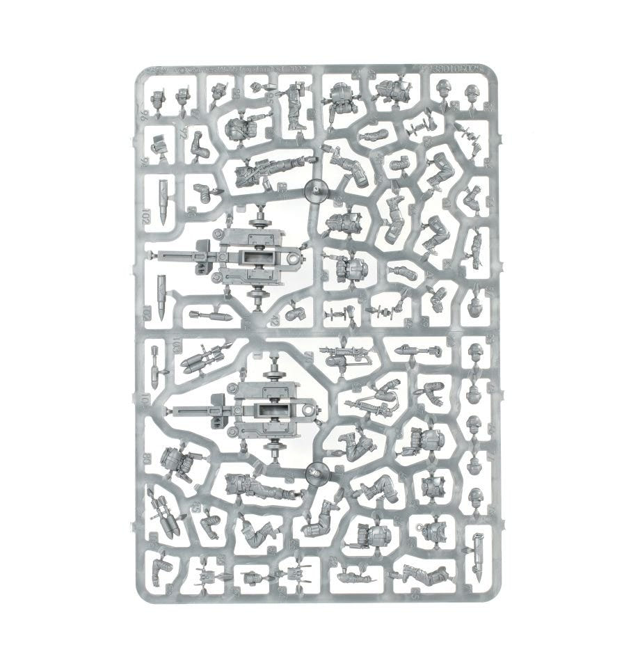 Astra Militarum Field Ordnance Battery unpainted plastic sprue, frame 1 of 2
