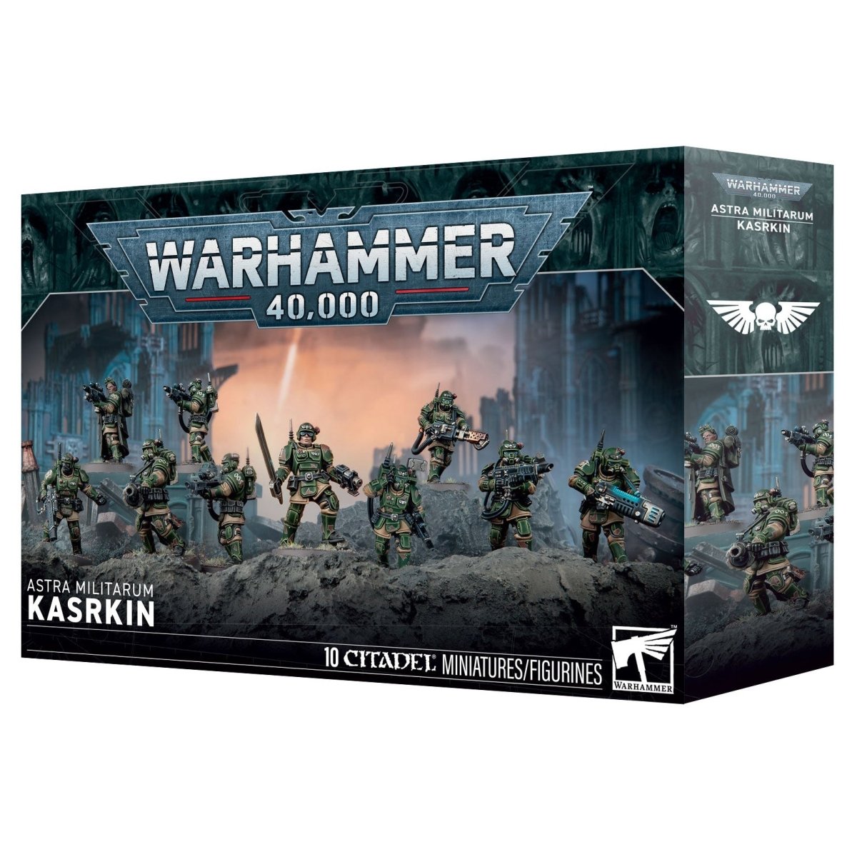 Warhammer 40,000 Astra Militarum Kasrkin 10 Citadel miniatures box, featuring illustrated green-space soldier figures on a dark sci-fi city background.