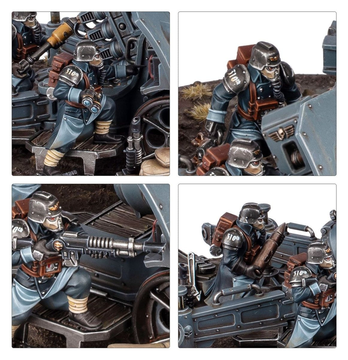 Close-ups of Death Korps of Krieg crewmen loading and aiming beside the gun