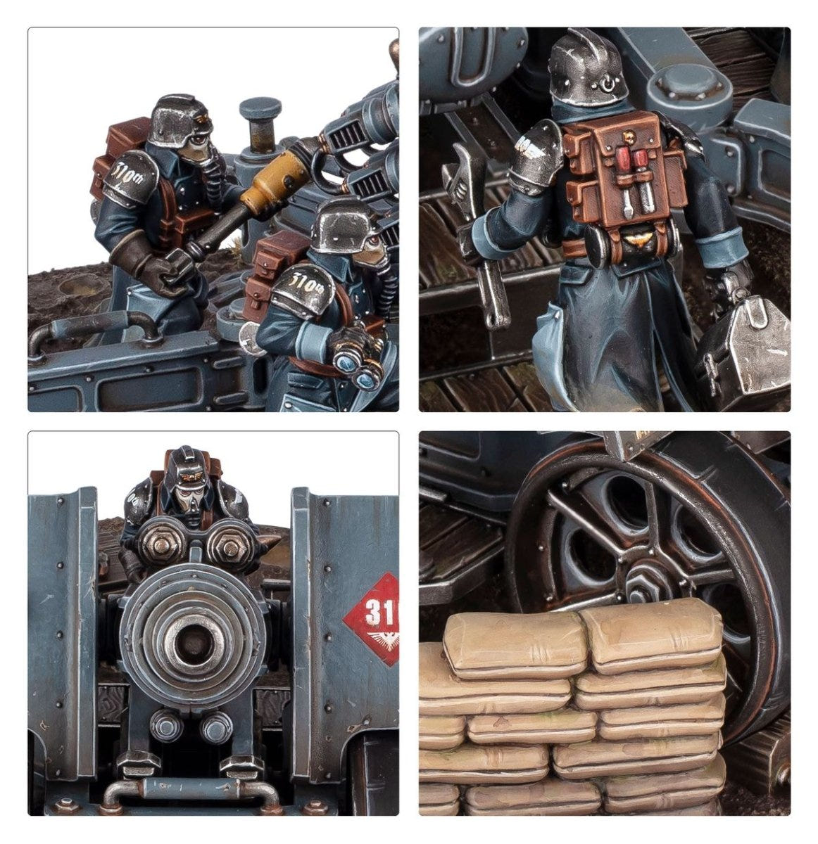Close-ups of Krieg crew, shell racks, the gun muzzle and sandbag details