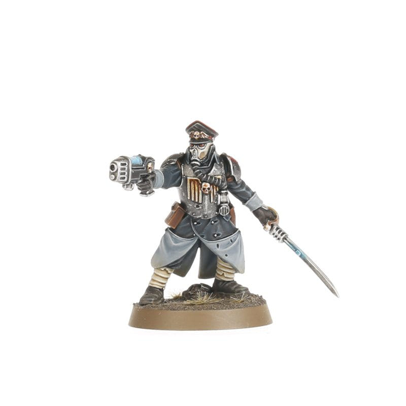 Painted Krieg officer with bolt pistol and sword in greatcoat