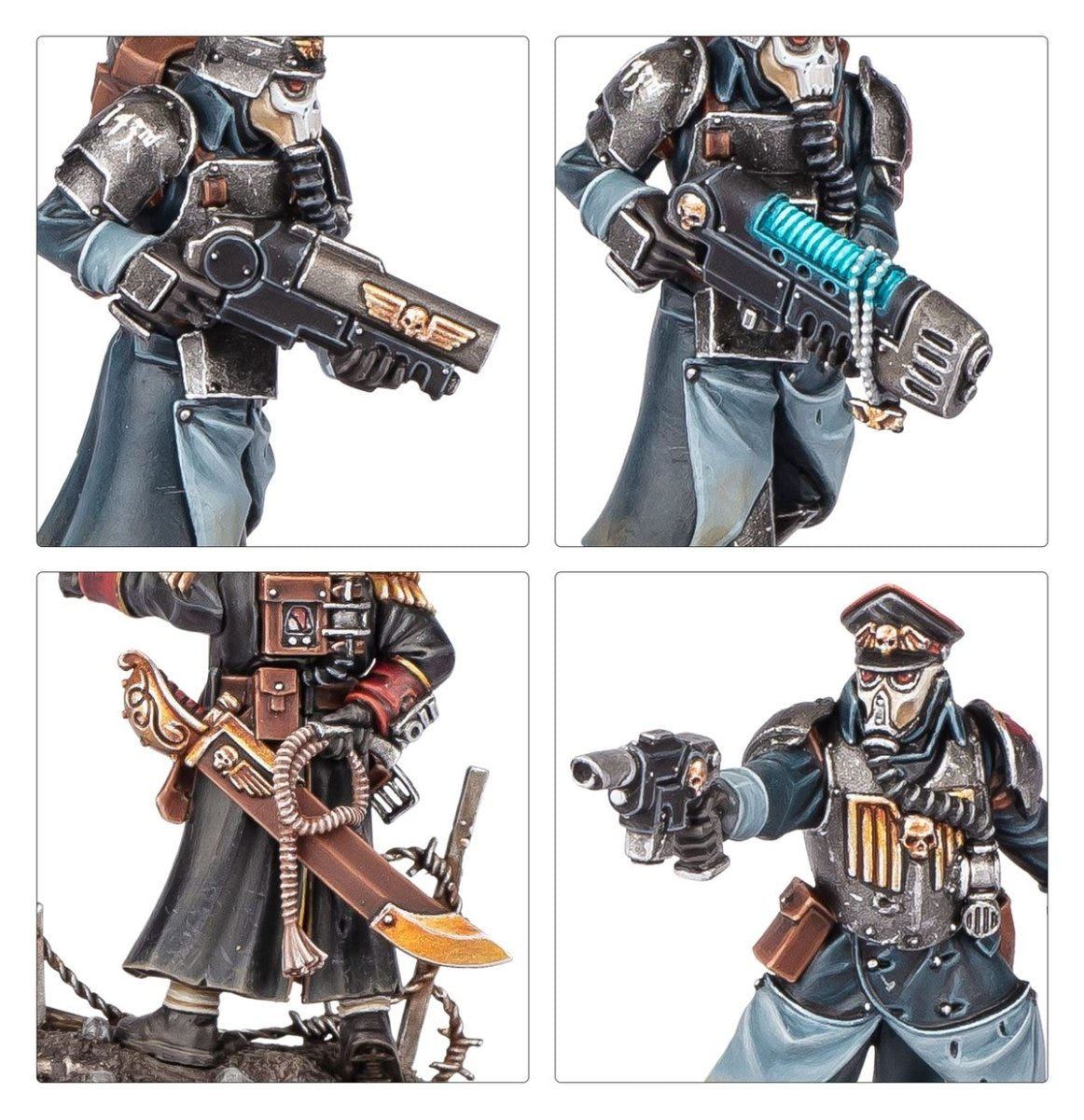 Close-ups of painted Krieg veterans' plasma gun, lasgun, sword and pistol