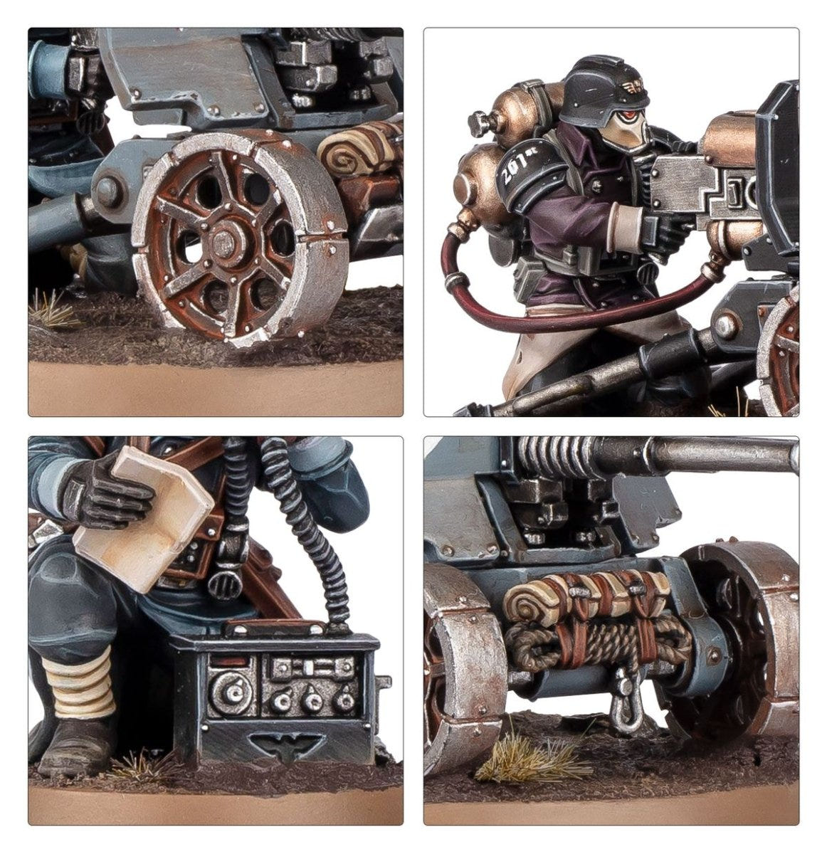 Detail shots of Krieg gun carriage wheels, rebreather crew and the Fire Coordinator's vox kit