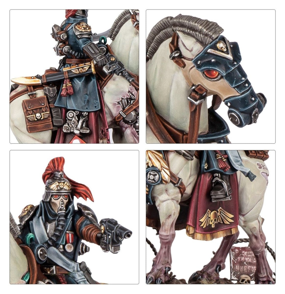 Close-up panels of Lord Marshal Dreir's plumed helmet, pistol, steed's masked head and saddle