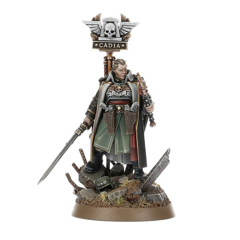 Painted Astra Militarum Ursula Creed miniature, three-quarter view with sword drawn