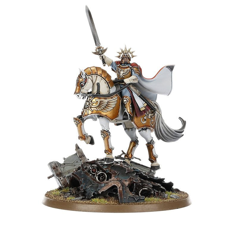 Painted Lord Solar Leontus mounted on Konstantin, rearing over ruined wreckage, front view