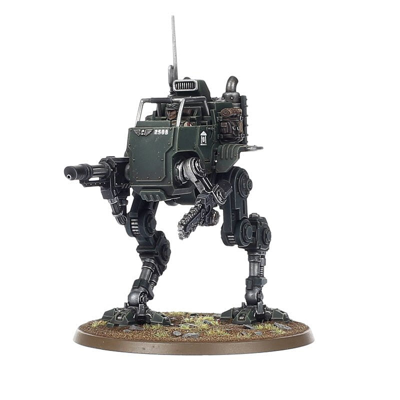 Painted open-cab Astra Militarum Sentinel build with chainsaw arm, three-quarter view