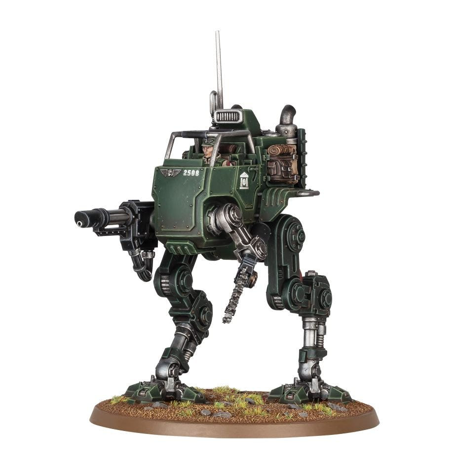 Painted Astra Militarum Sentinel built with an open cab and pilot visible, front view