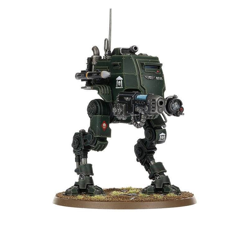 Side view of the painted Astra Militarum Armoured Sentinel with antenna and searchlight